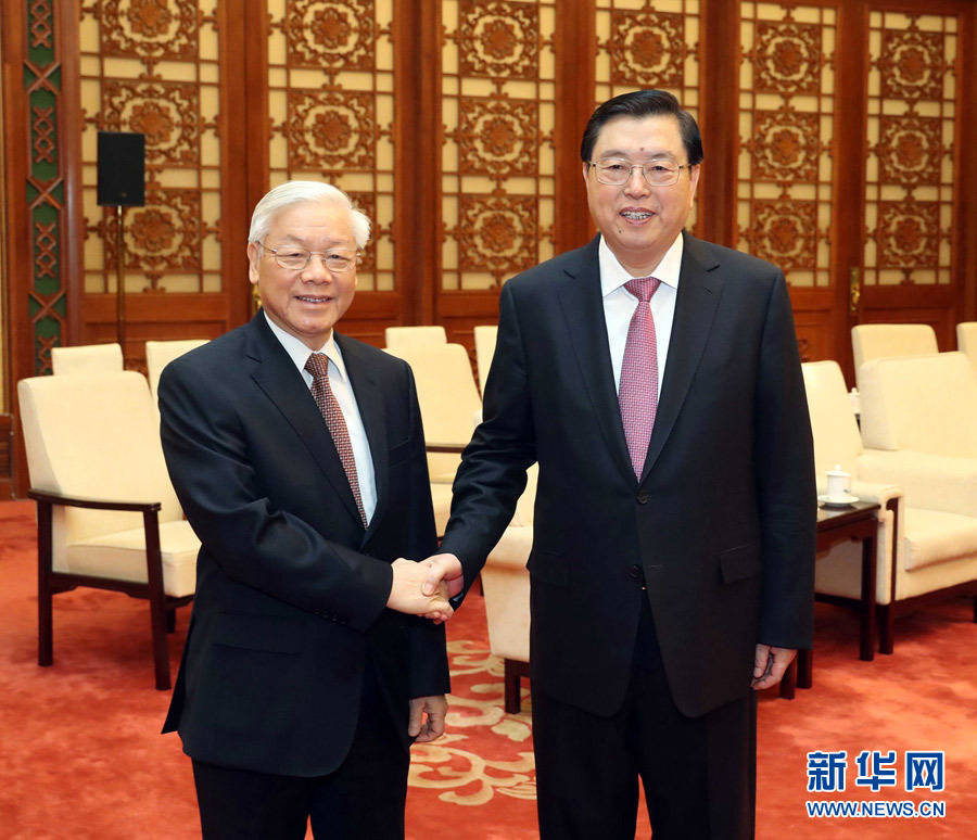 1月13日，中共中央政治局常委、全國人大常委會委員長張德江在北京人民大會堂會見越共中央總書記阮富仲。 新華社記者 劉衛(wèi)兵 攝