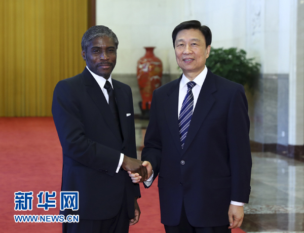 7月13日，中國(guó)國(guó)家副主席李源潮在北京人民大會(huì)堂與赤道幾內(nèi)亞副總統(tǒng)曼格會(huì)談。 新華社記者 謝環(huán)馳 攝