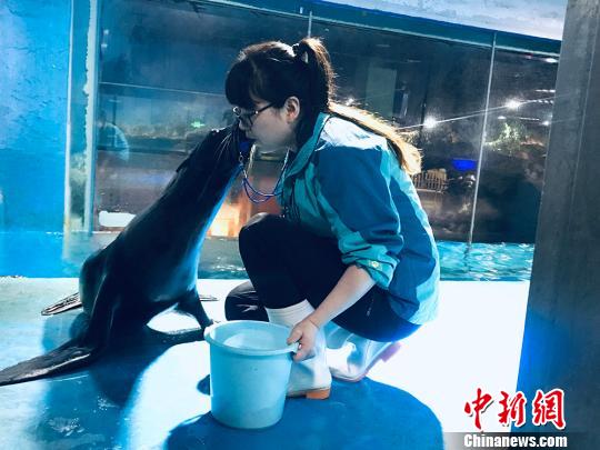 于雅麗與海獅親密瞬間。　艾慶龍 攝