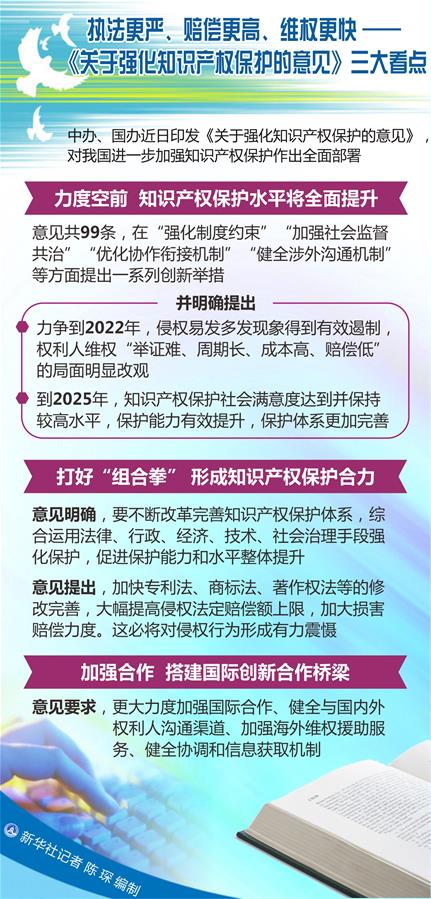 （圖表）[新華調(diào)查]執(zhí)法更嚴(yán)、賠償更高、維權(quán)更快——《關(guān)于強(qiáng)化知識產(chǎn)權(quán)保護(hù)的意見》三大看點(diǎn)