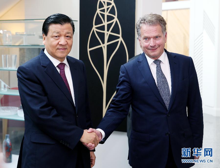 6月12日，中共中央政治局常委、中央書記處書記劉云山在赫爾辛基會見芬蘭總統(tǒng)尼尼斯特。 新華社記者姚大偉攝