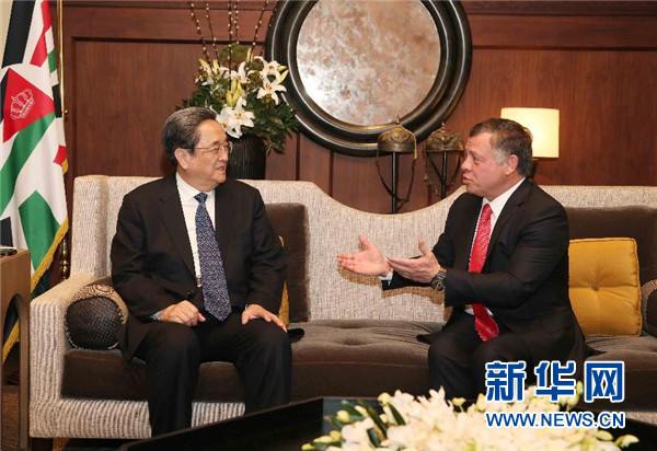 11月9日，正在約旦進行正式友好訪問的全國政協(xié)主席俞正聲在安曼會見約旦國王阿卜杜拉二世。 新華社記者 劉衛(wèi)兵 攝 