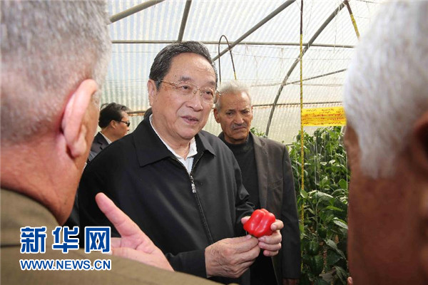 11月8日，正在約旦進行正式友好訪問的全國政協(xié)主席俞正聲在約旦河谷參觀碩果農(nóng)業(yè)合作社。 新華社記者 劉衛(wèi)兵 攝 