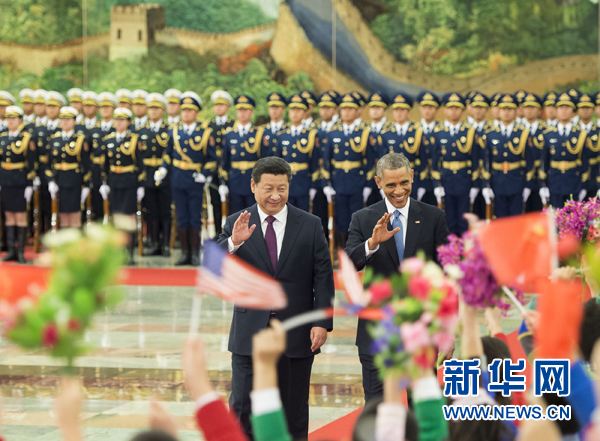 11月12日，國家主席習(xí)近平在北京人民大會堂舉行歡迎儀式，歡迎美國總統(tǒng)奧巴馬對中國進(jìn)行國事訪問。 新華社記者 黃敬文 攝