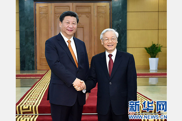 11月5日，中共中央總書記、國家主席習(xí)近平在河內(nèi)同越共中央總書記阮富仲舉行會談。 新華社記者李濤攝
