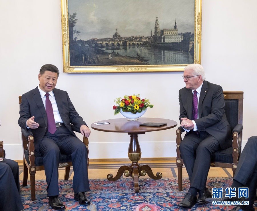 7月5日，國(guó)家主席習(xí)近平在柏林會(huì)見(jiàn)德國(guó)總統(tǒng)施泰因邁爾。 新華社記者李學(xué)仁 攝