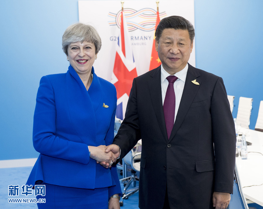 7月7日，國家主席習(xí)近平在漢堡會見英國首相特雷莎·梅。 新華社記者李學(xué)仁 攝