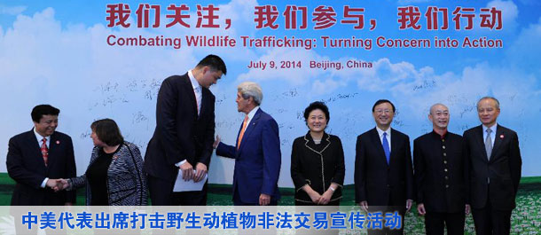 劉延?xùn)|、楊潔篪同美國國務(wù)卿克里共同出席中美打擊野生動植物非法交易宣傳活動（圖）